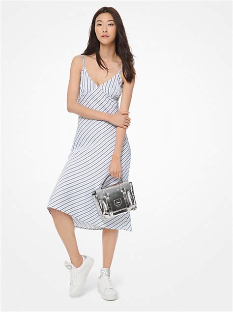 michael michael kors striped viscose and linen slip dress|Metallic Striped Recycled Viscose Blend Dress .